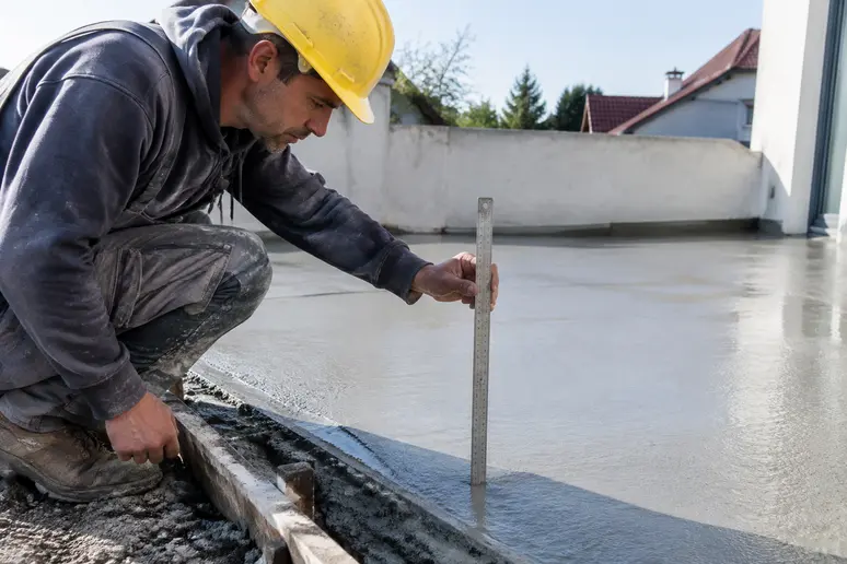 Artisan mesurant l'épaisseur d'une dalle en béton lors de la pose sur un chantier