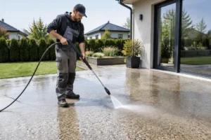 Ouvrier rinçant une dalle béton lavé sur une terrasse moderne en construction