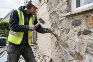 Ouvrier qualifié en train de décrépir un mur extérieur de maison en pierre.