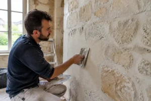 Artisan appliquant un enduit imitation tuffeau sur un mur ancien lors d'une rénovation intérieure