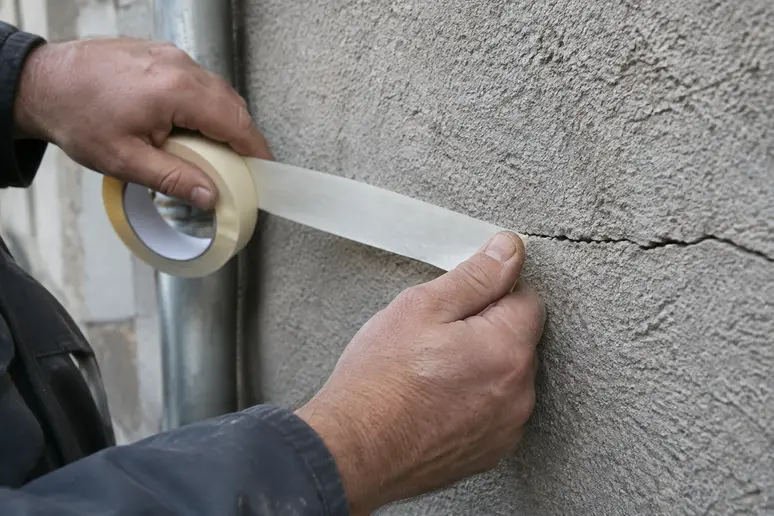 Pose d'un ruban adhésif en travers d'une fissure sur un enduit de mur de clôture