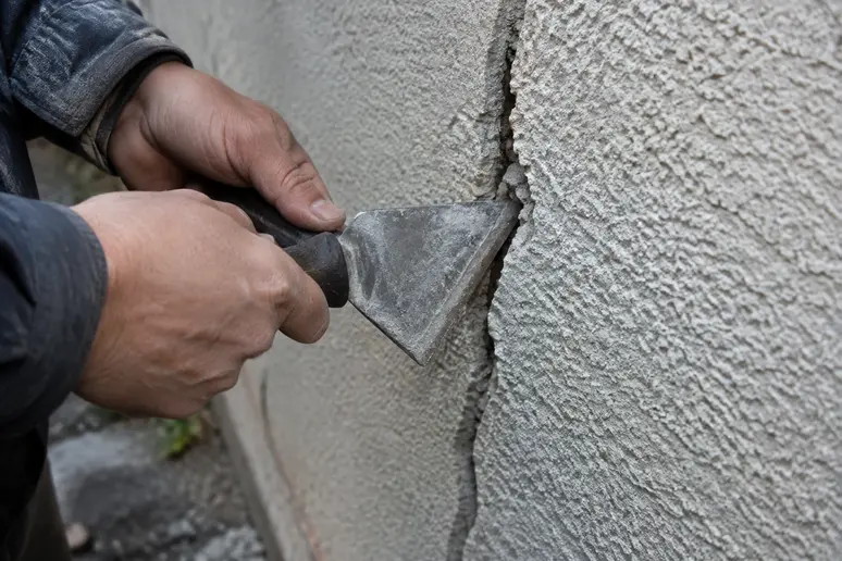 Ouverture d'une fissure en V avec un grattoir sur un enduit de mur extérieur