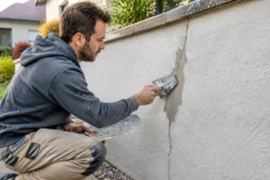 Un artisan répare une fissure sur un enduit mur de clôture avec une taloche lors d'une rénovation extérieure.