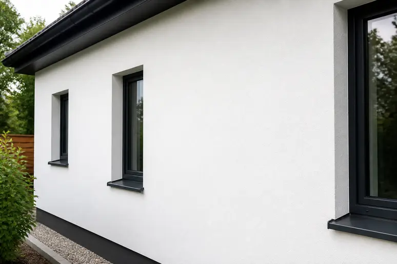 Mur extérieur habillé d'un enduit résine pour mur exterieur offrant une texture homogène