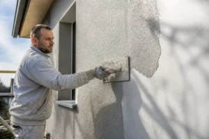 artisan appliquant un enduit resine pour mur exterieur sur la façade d'une maison en rénovation