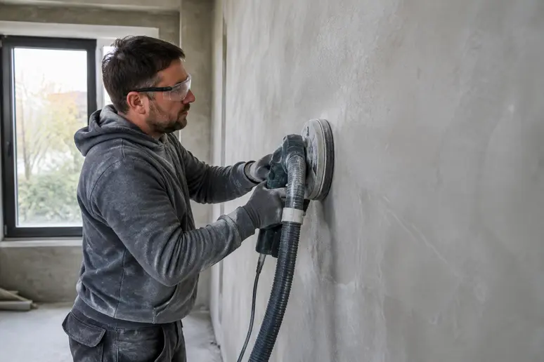 Ponçage électrique de la surface d'un mur pour lisser un crépi épais en intérieur