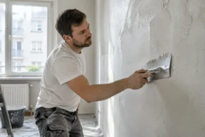 Artisan appliquant de l'enduit avec une large spatule pour lisser un mur crepis interieur lors d'une rénovation