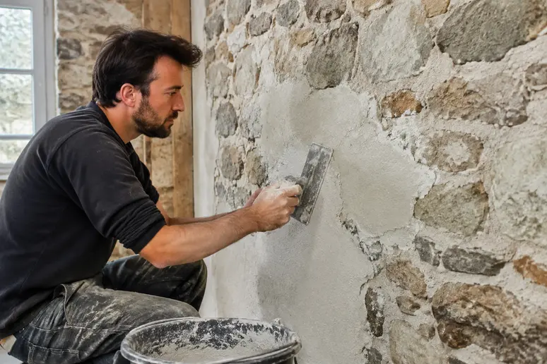 Application d'un enduit à la chaux sur un mur en pierre pour faciliter son séchage