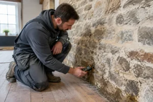 Expert inspectant les murs humides d une maison en pierre rénovée