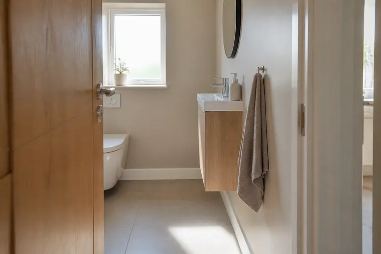 Meuble de salle de bain compact à faible profondeur installé dans un espace étroit