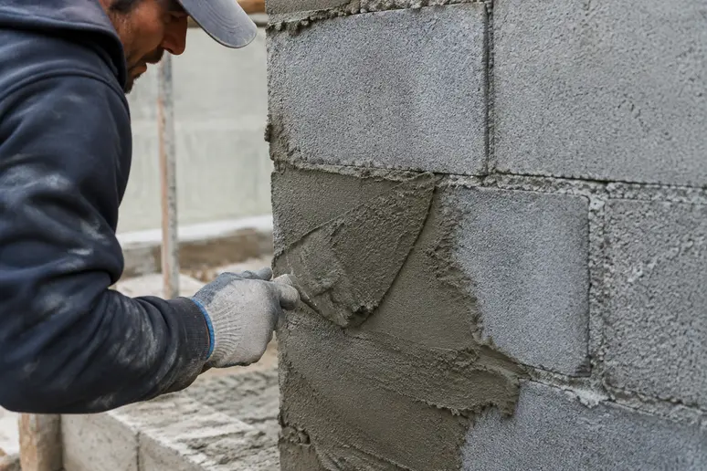 Application du gobetis d'accroche sur un mur extérieur en parpaing lors de la première passe