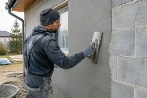 Un artisan applique un enduit de finition sur un mur extérieur parpaing en cours de rénovation.