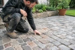 Installation de pavés rustiques sur une terrasse extérieure pour un aménagement de qualité.