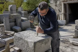 artisan tailleur de pierre façonnant un bloc de pierre de taille granit dans un atelier ensoleillé