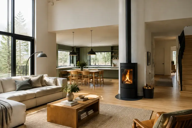 Poêle à bois 11kW installé dans un grand salon ouvert avec une hauteur sous plafond importante