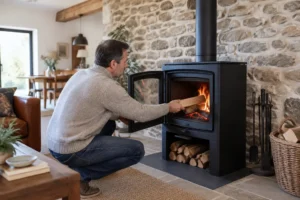 Un poêle à bois 11kw chauffe efficacement un salon rénové avec un mur en pierre naturelle.