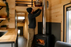 Installation sécurisée d'un poele a bois nomade à l'intérieur d'une tiny house en bois clair