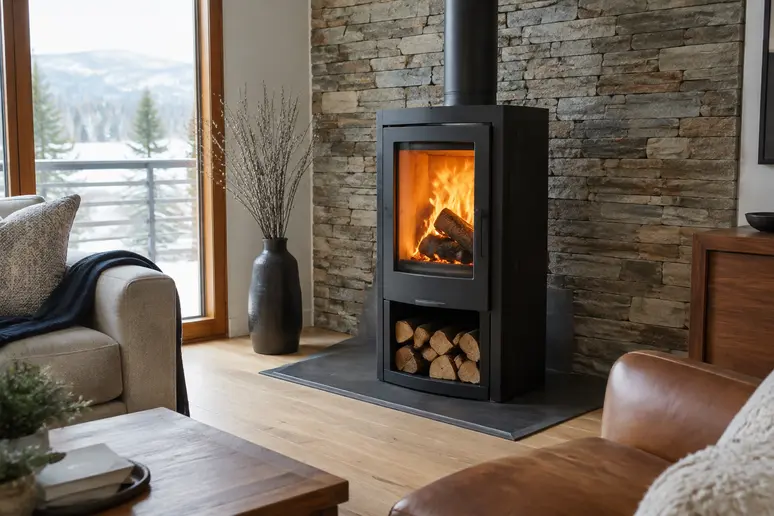 Poêle à bois installé dans un salon moderne avec mur en pierre et feu visible.