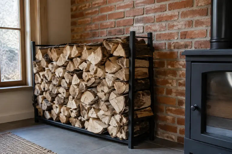 Stock de bûches de bois séchues rangées près d'un mur pour alimenter un poêle.