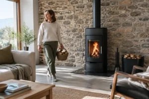 Interieur moderne avec un poele a bois tarbes installe sur un mur en pierre naturelle.