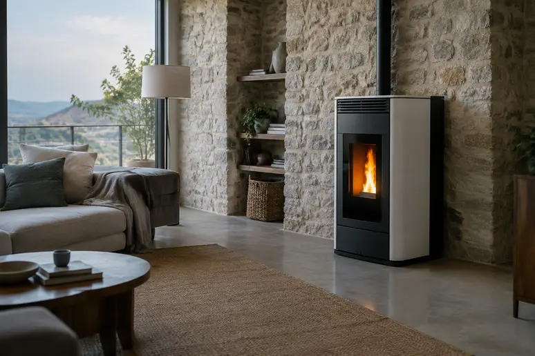 Poêle à granulés moderne installé dans un salon contemporain.