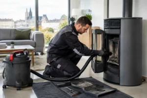 Technicien effectuant la maintenance annuelle d un Poele a granule caen dans un salon lumineux