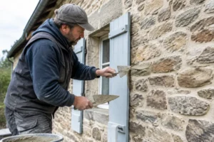 Artisan réalisant un rejointoiement facade sur un mur en pierre naturelle lors d'une rénovation.