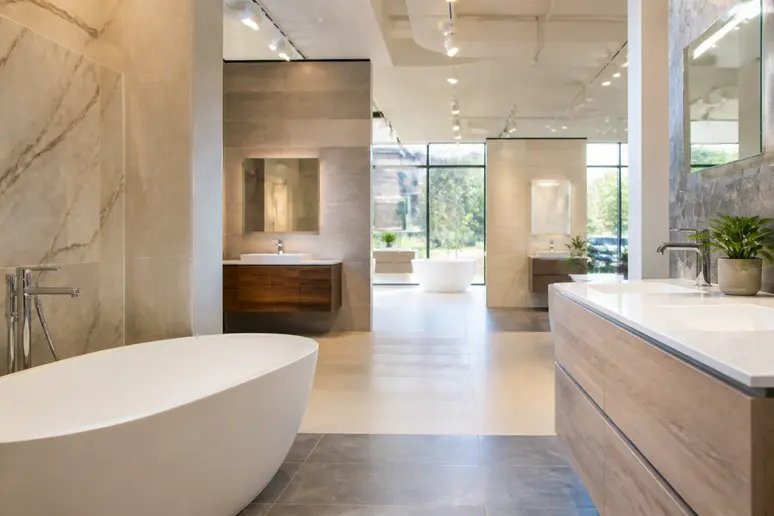 Showroom spécialisé présentant des meubles de salle de bain et des sanitaires pour un projet à Cholet