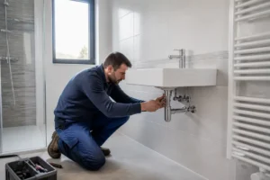 Artisan installant des équipements sanitaires lors d'une rénovation de salle de bain cholet