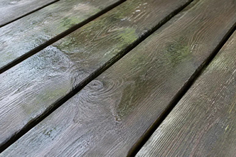 Lames de terrasse en bois montrant des traces d'humidité et des dépôts verts