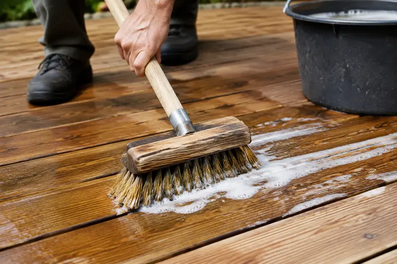 Nettoyage d'une terrasse en bois avec un balai-brosse dans le sens des lames