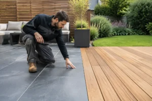 Terrasse ardoise et bois moderne installée dans un jardin paysagé avec des finitions soignées
