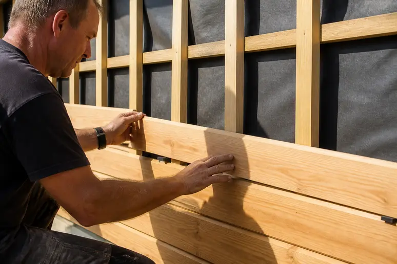 Pose horizontale de lames massives pour un bardage bois extérieur sur ossature ventilée