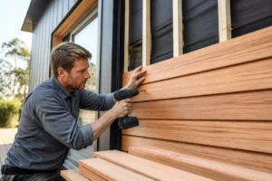 artisan installant un bardage bois et une terrasse bardage bois sur une façade moderne