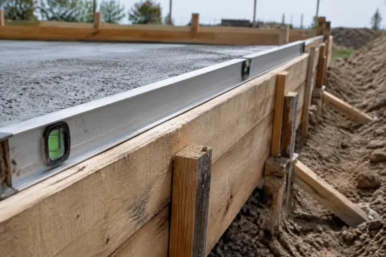 Coffrage en bois et niveau à bulle préparant la pente d une terrasse en beton brut