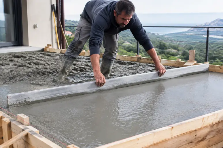 Maçon tirant la règle sur du béton frais pour ajuster la pente de la terrasse en beton brut