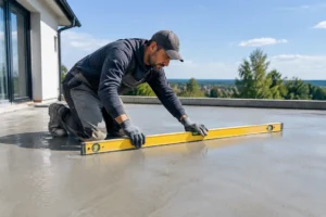 Un artisan vérifie la pente d'une terrasse en beton brut avec un niveau à bulle