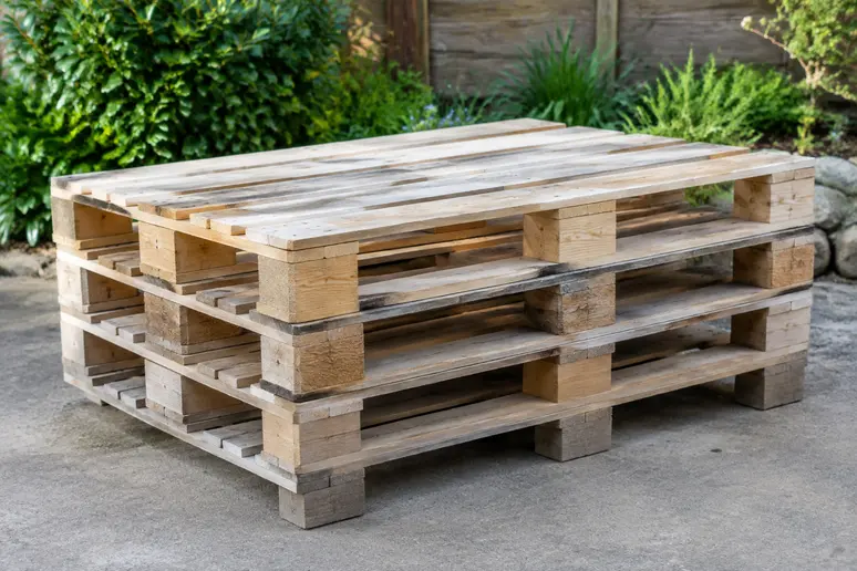 Palette Europe EPAL en bois brut stockée en extérieur pour la création d'un plancher