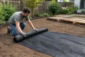 Installation d'un géotextile sur le sol pour préparer une terrasse en palette sur terre