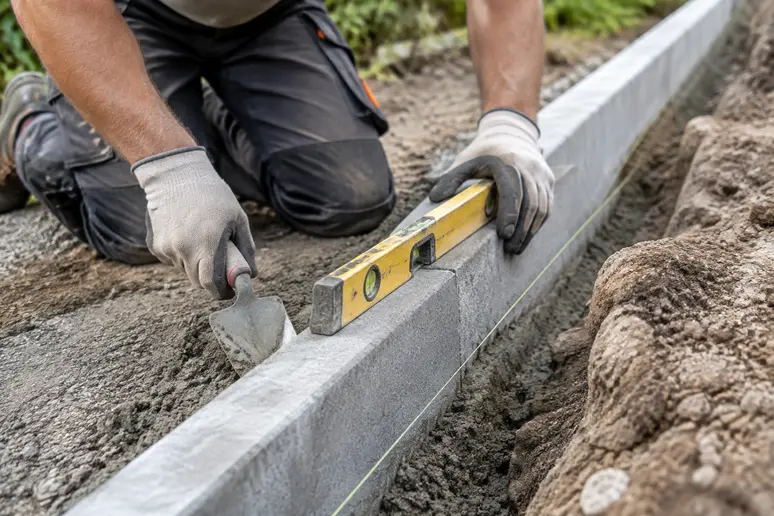 Pose et scellement des bordures en béton pour confiner une allée en grou.