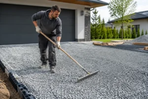 Aménagement professionnel et ratissage d'une allée en grou stabilisée devant une maison individuelle.