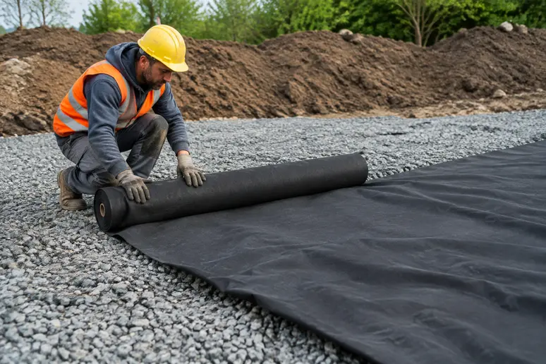 Mise en place d'un feutre géotextile sur la fondation d'une allée terrasse pour assurer le drainage.