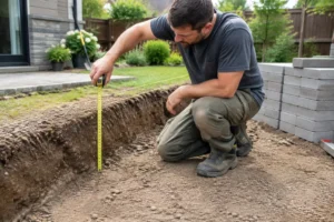 artisan mesurant la profondeur de décaissement du sol pour la future allée terrasse