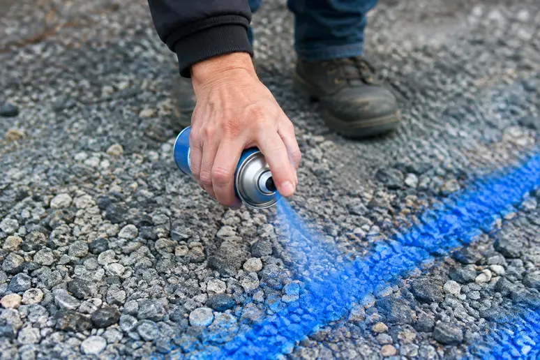 Traçage de la largeur des bandes de roulement d'allée à la bombe de peinture sur le sol.