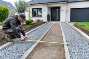 Aménagement extérieur avec pose de bandes de roulement allée en gravier stabilisé devant une maison.