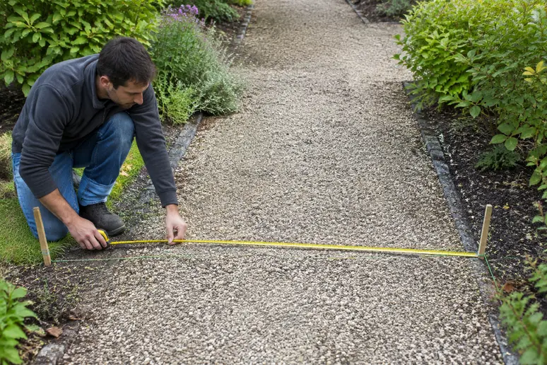 Mise en place d'un cordeau pour tracer la largeur d'une allée piétonne