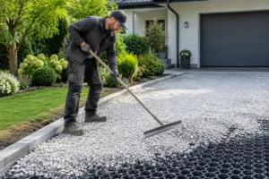 Aménagement extérieur avec une idée allée en gravier stabilisé par des dalles alvéolées
