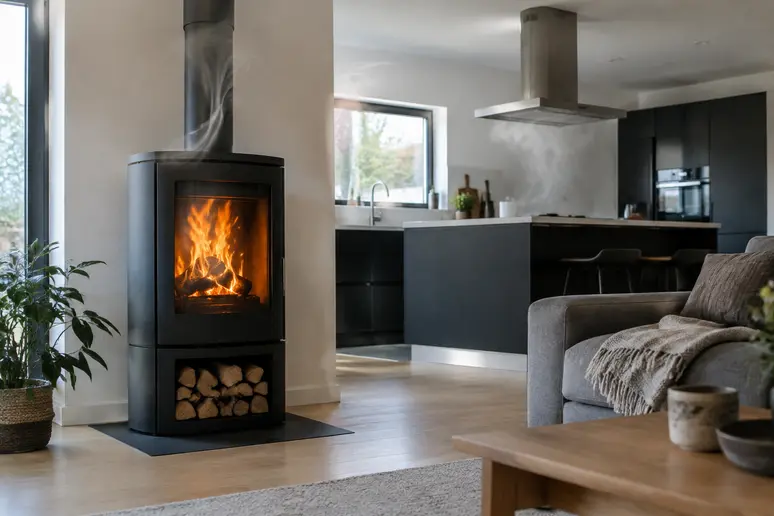 Poêle à bois installé dans une pièce à vivre moderne avec cuisine ouverte