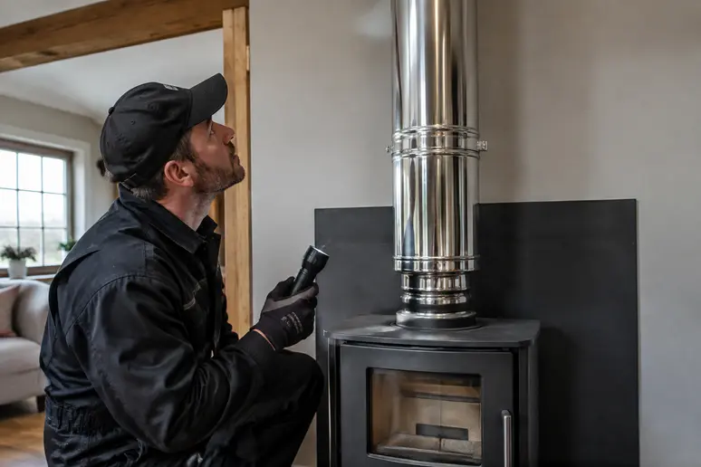 Conduit de fumée métallique relié à un poêle à bois en cours d'inspection