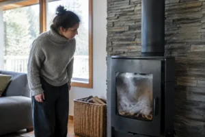 Un habitant vérifie un monpoeleabois moderne qui dégage de la fumée dans un salon.